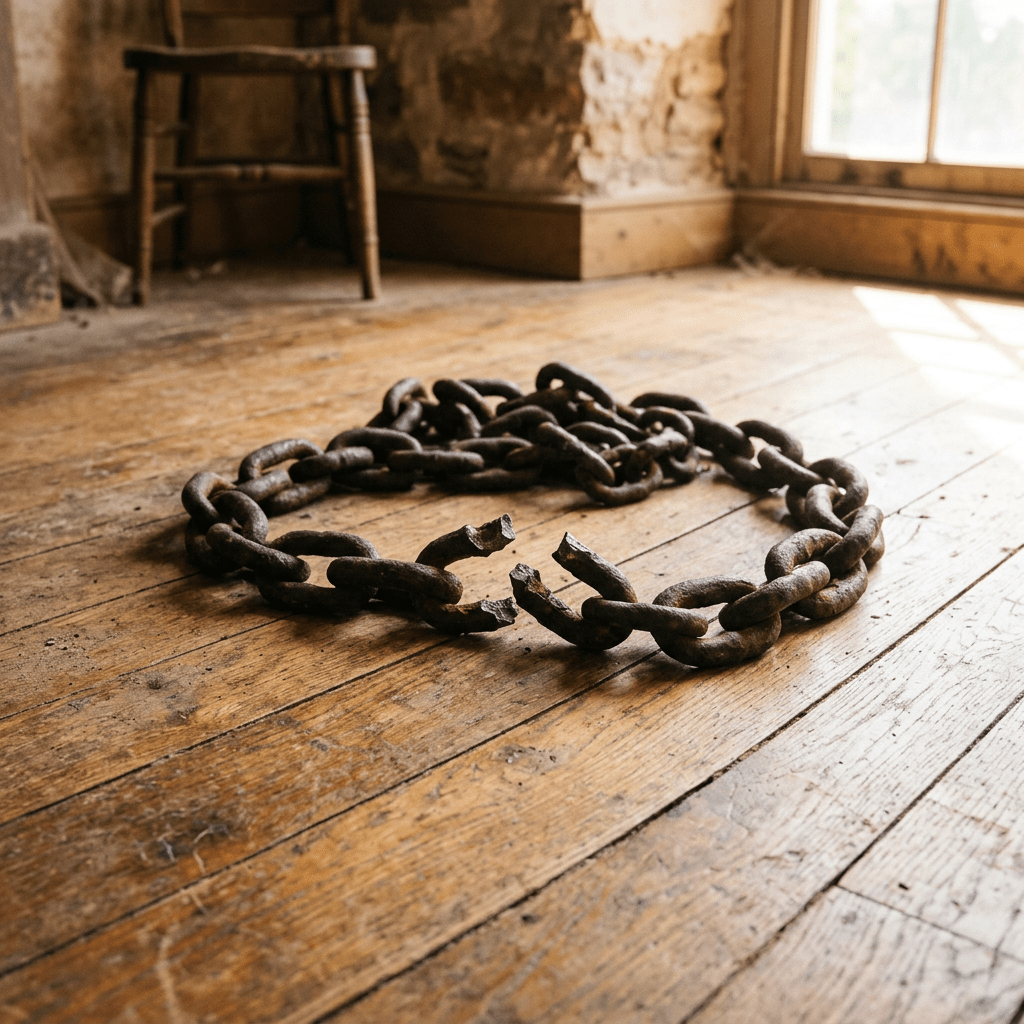 Rusty metal chain with one broken link on wooden floor